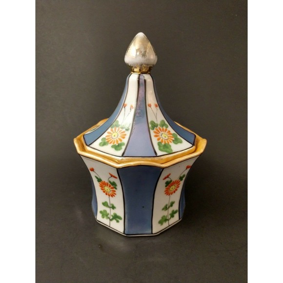 Vintage Lusterware Covered Candy Dish Peach Blue Gold Ceramic Porcelain Painted - Picture 1 of 10